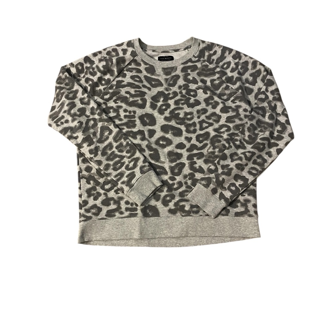 Lucky Brand Gray Leopard‎ Print Crewneck Sweatshirt Large Cotton Blend
